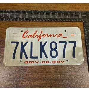 California DMV License Plate 7KLK877 White Blue‎ Red Collectible Car Tag